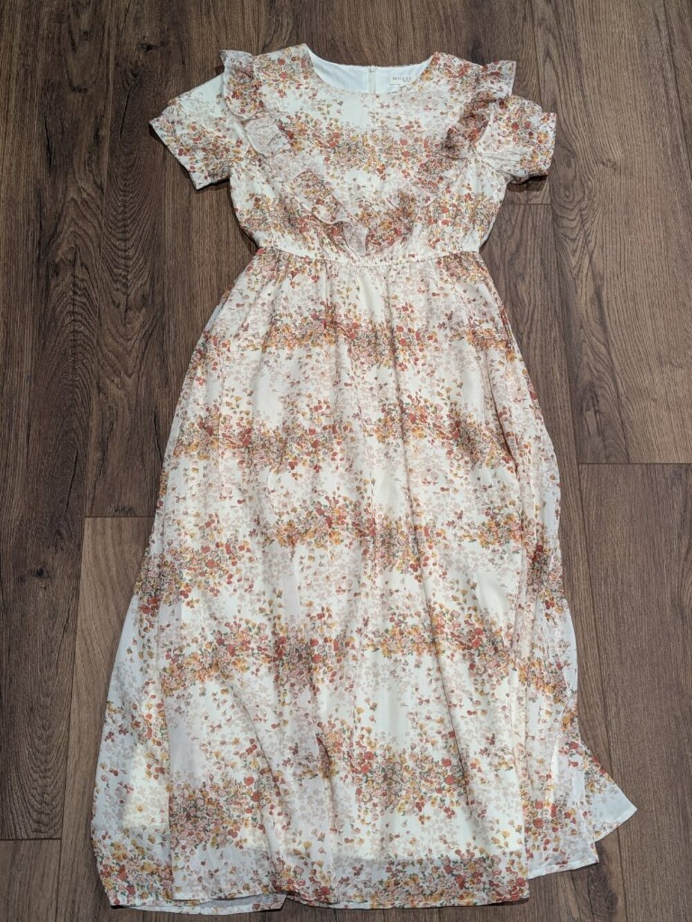 Roolee Floral Maxi Dress Size S Cream Red Orange Ruffle V-Neck Elastic Waist